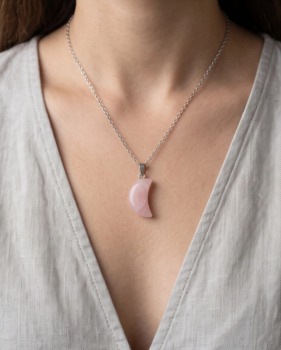 Silver Rose Quartz Pink Crescent Moon Pendant Necklace