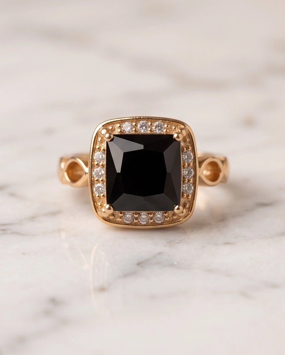 Black Onyx Cushion Halo Gold Ring