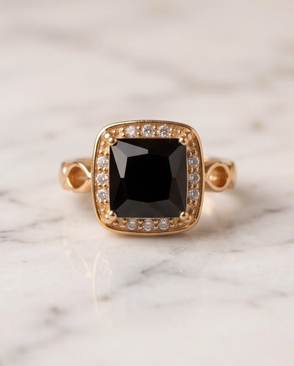 Black Onyx Cushion Halo Gold Ring