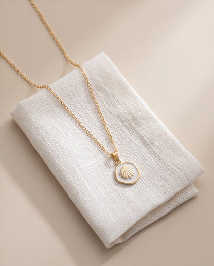 Gold White Enamel Seashell Medallion Pendant Necklace