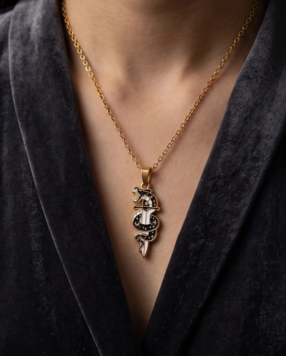 Gold Snake & Dagger Celestial Enamel Pendant Necklace
