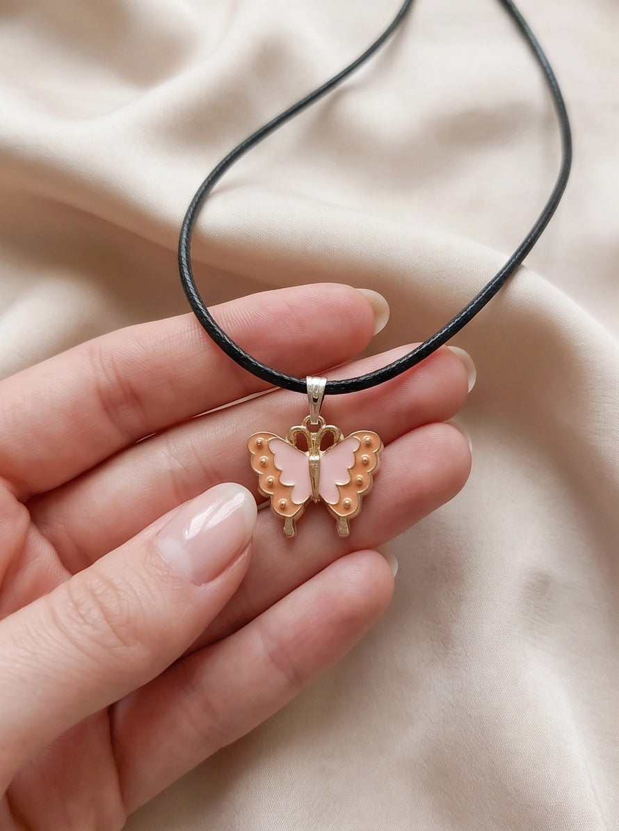 Pink & Peach Enamel Butterfly Pendant Necklace
