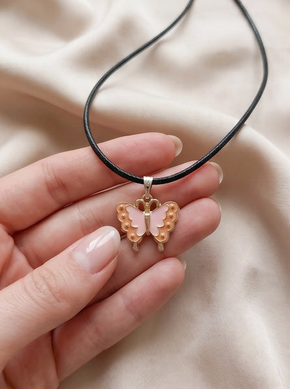 Pink & Peach Enamel Butterfly Pendant Necklace