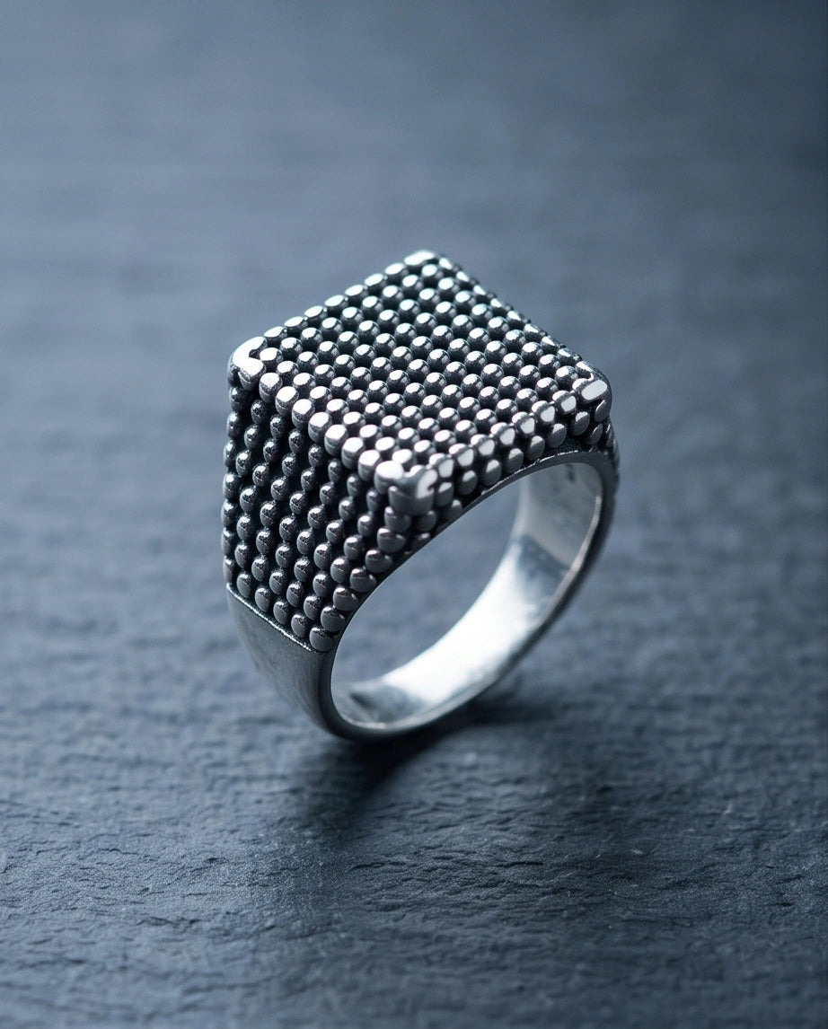 Vintage Sterling Silver Industrial Micro-Beaded Signet Ring