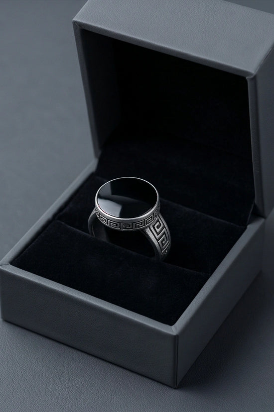 Minimalist Greek Key Onyx Signet Ring