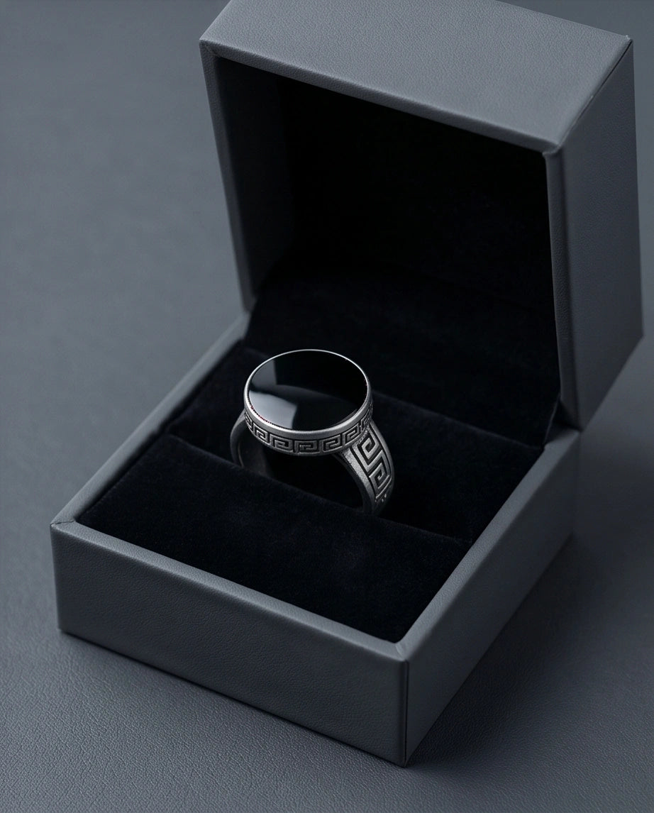 Minimalist Greek Key Onyx Signet Ring