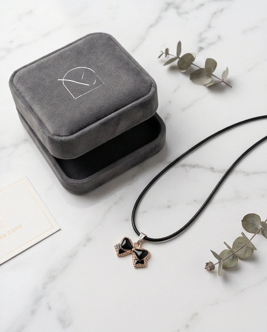 Gold and Black Ribbon Bow Necklace