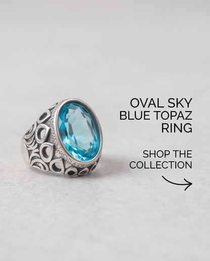 Aquamarine Oval-Cut Gemstone Openwork Scroll Silver Ring