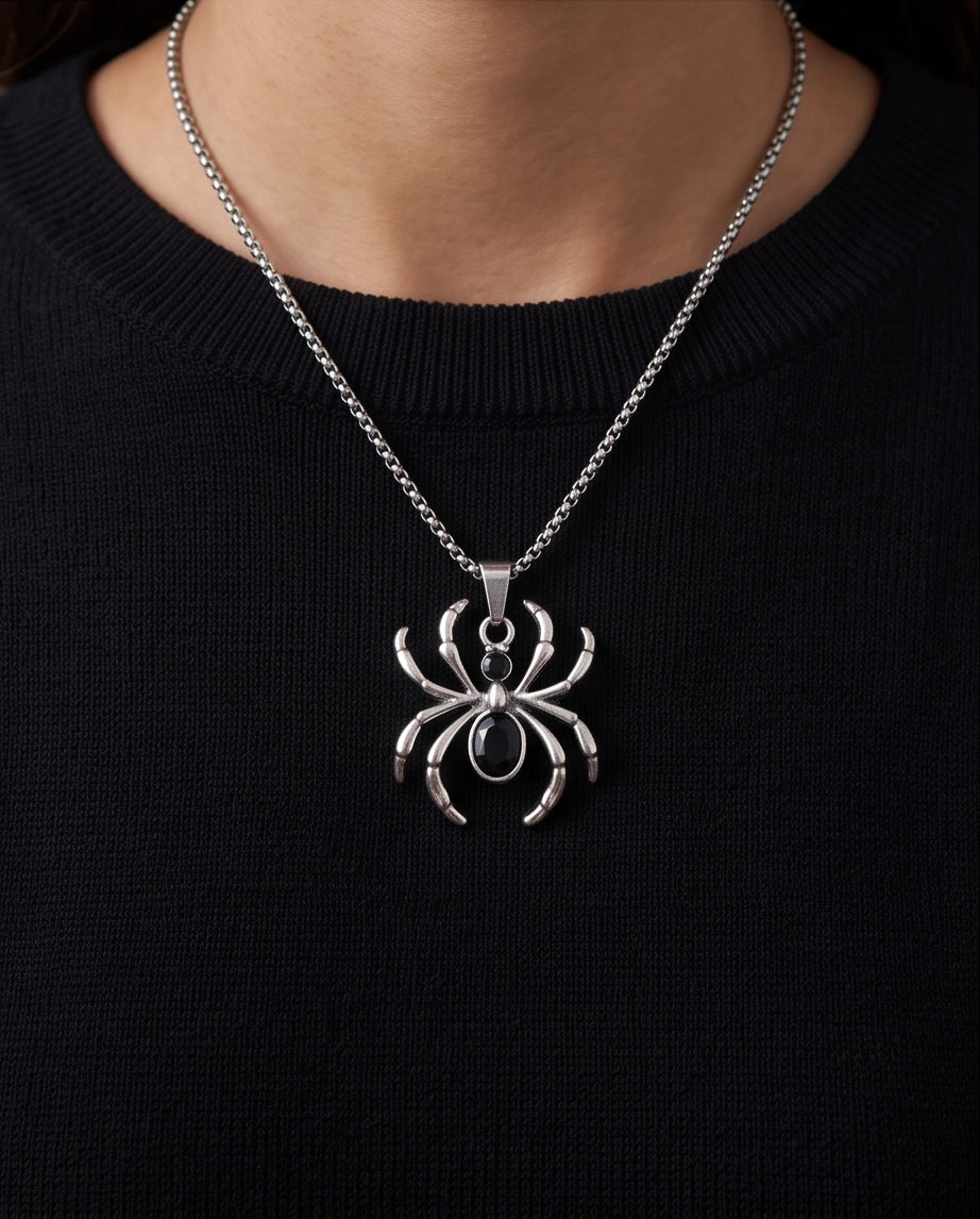 Silver Black Gemstone Spider Pendant Necklace