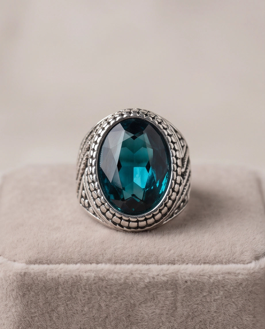 Aquamarine Gemstone Beaded Frame Wave Silver Ring