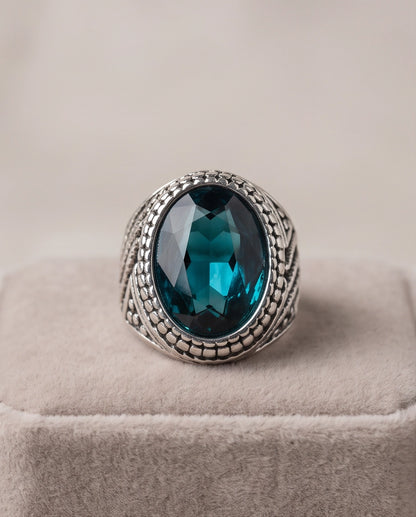 Aquamarine Gemstone Beaded Frame Wave Silver Ring