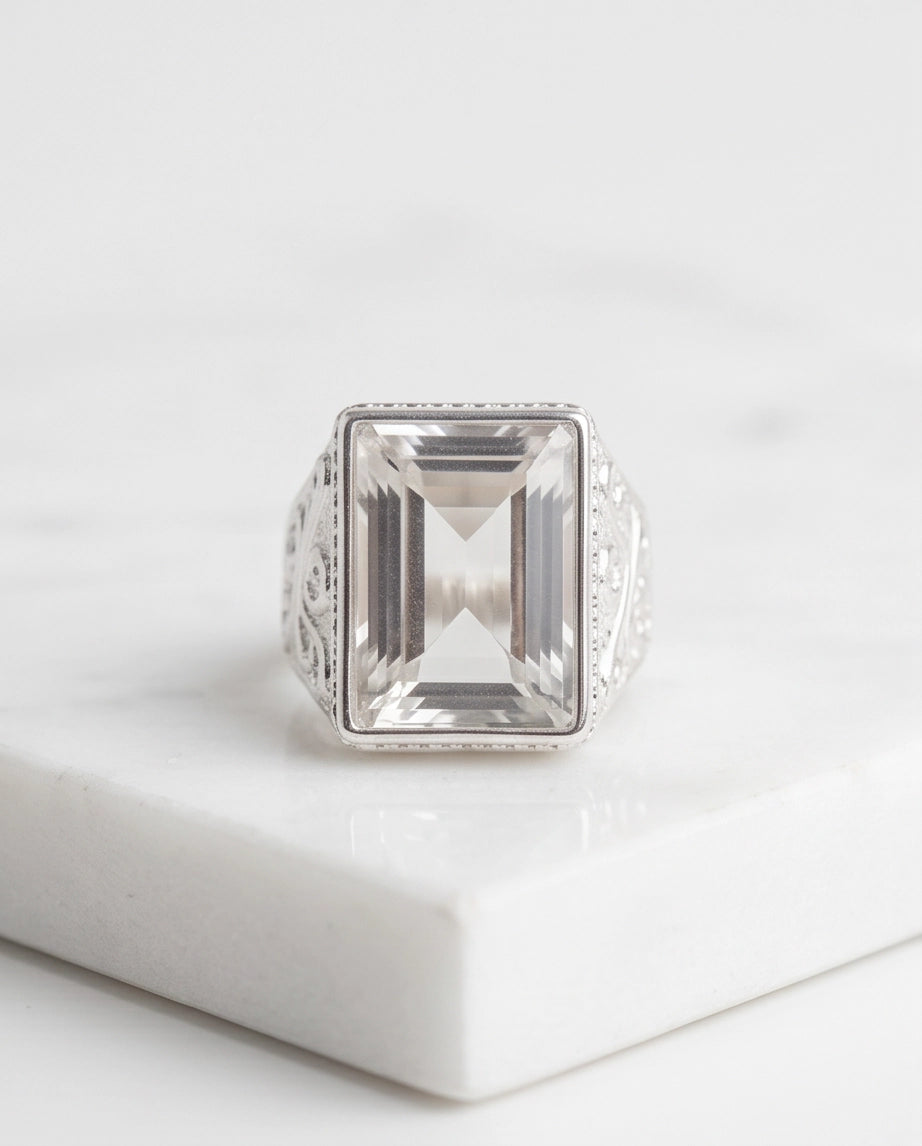 Clear Quartz Emerald-Cut Gemstone Filigree Beaded Silver Ring