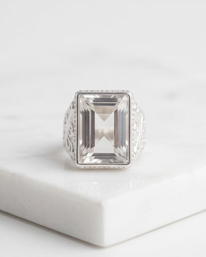 Clear Quartz Emerald-Cut Gemstone Filigree Beaded Silver Ring