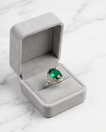 Silver Oval Emerald Gemstone Filigree Solitaire Ring