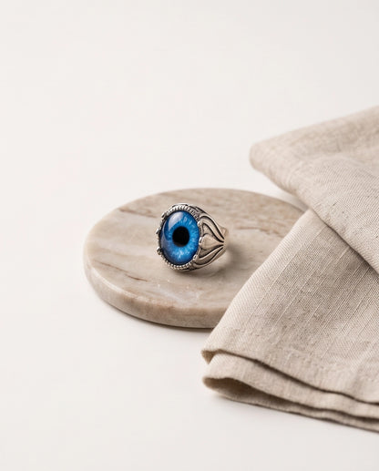 Sapphire Blue Evil Eye Cabochon Prong-Set Silver Ring