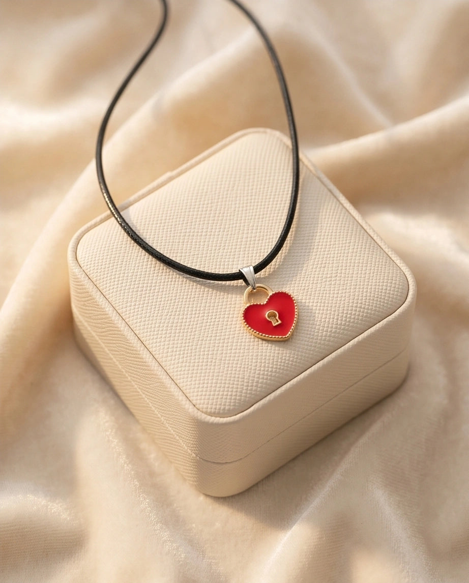 Gold and Red Heart Padlock Necklace