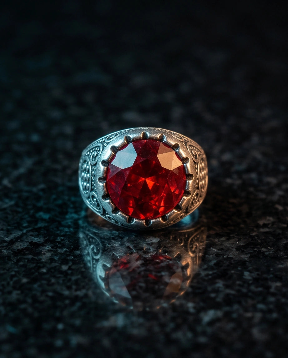 Crimson Monarch Silver Signet Ring