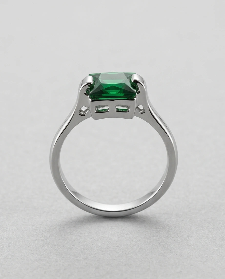 Sterling Silver Princess-Cut Deep Green Emerald Solitaire Ring