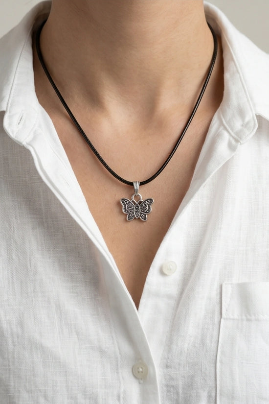Silver Textured Butterfly Pendant Necklace