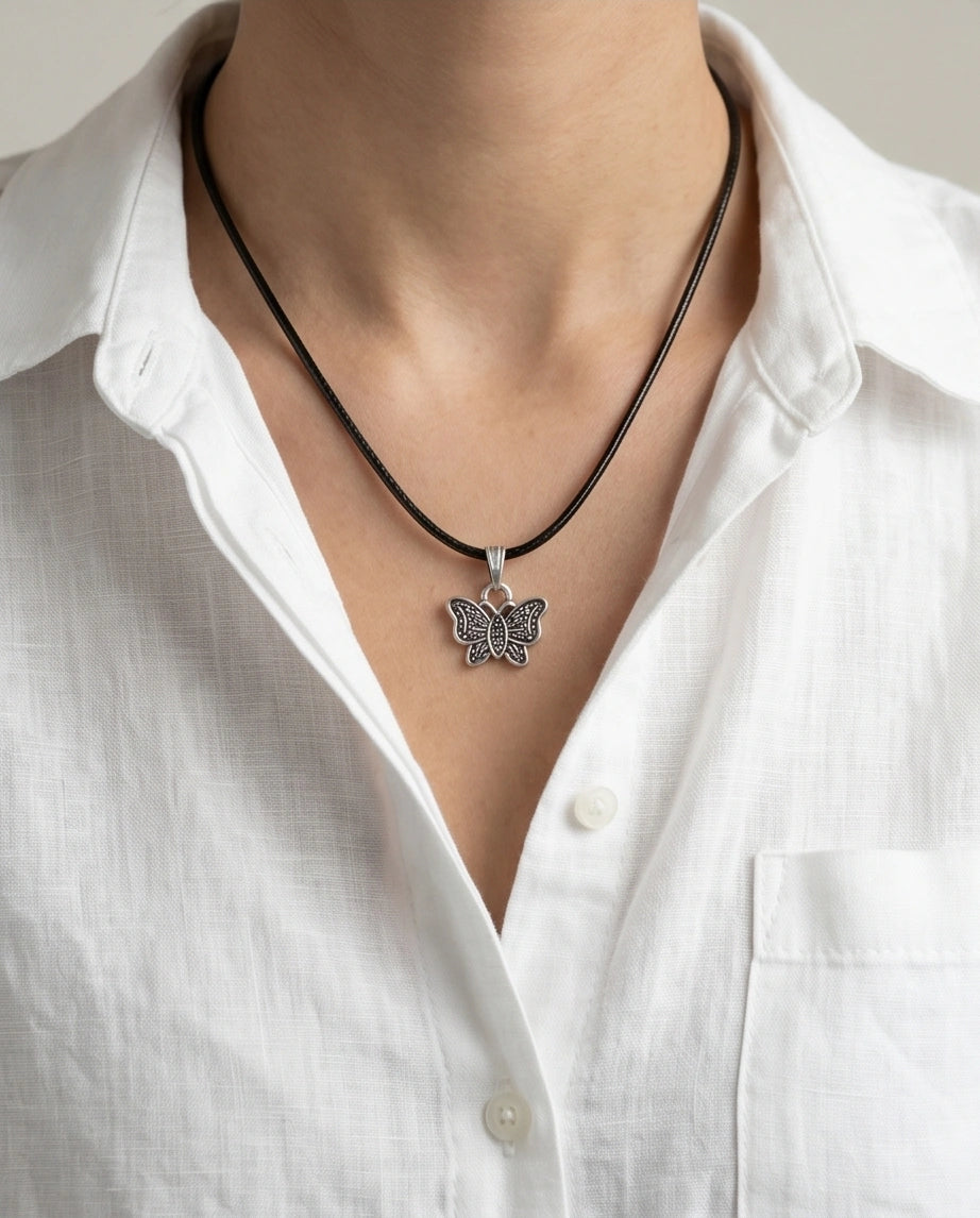 Silver Textured Butterfly Pendant Necklace