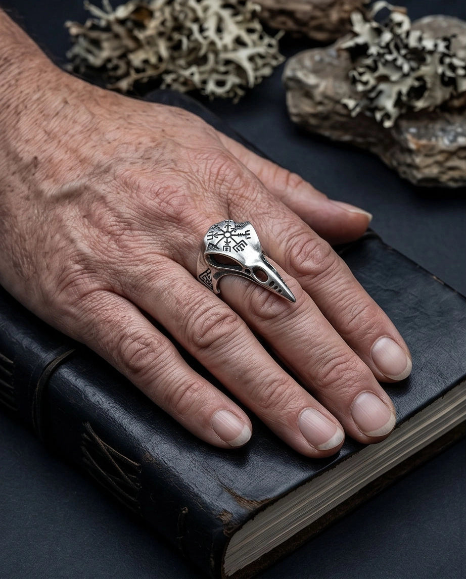 Oxidized Silver Raven Skull Vegvisir Ring