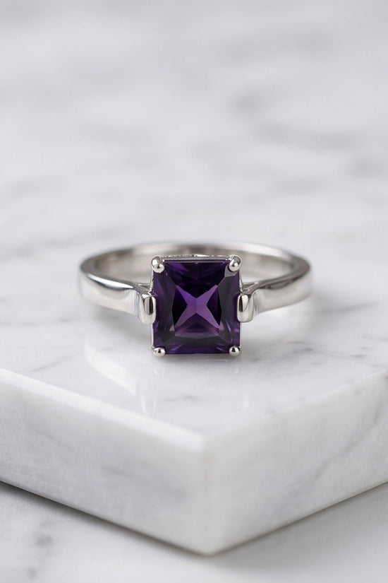 Sterling Silver Deep Amethyst Princess Cut Solitaire Ring