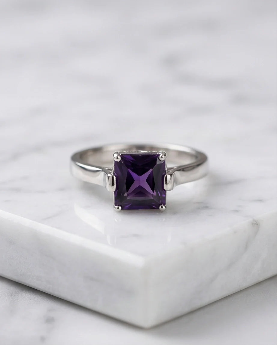 Sterling Silver Deep Amethyst Princess Cut Solitaire Ring