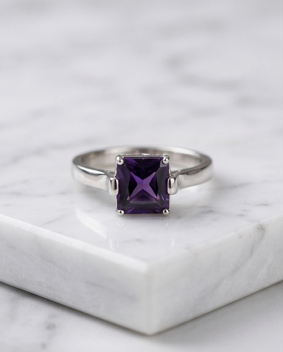 Sterling Silver Deep Amethyst Princess Cut Solitaire Ring