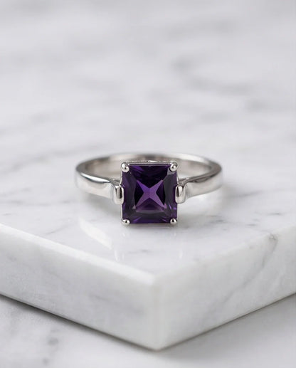 Sterling Silver Deep Amethyst Princess Cut Solitaire Ring