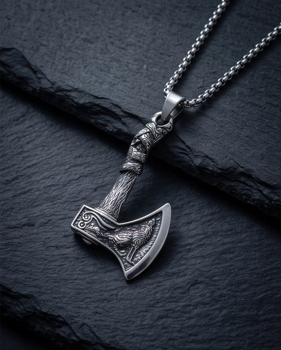 Silver Viking Axe Wolf Pendant Necklace