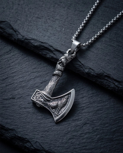 Silver Viking Axe Wolf Pendant Necklace