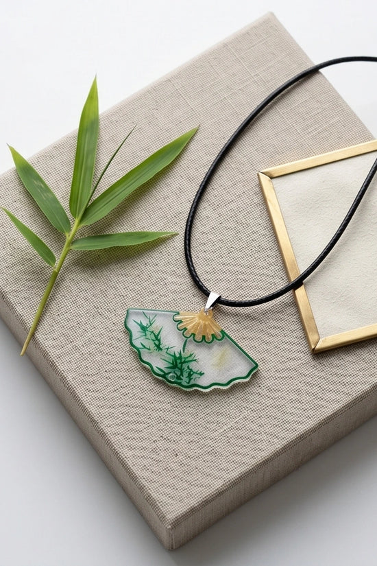 Artistic Green Bamboo Fan Pendant Necklace