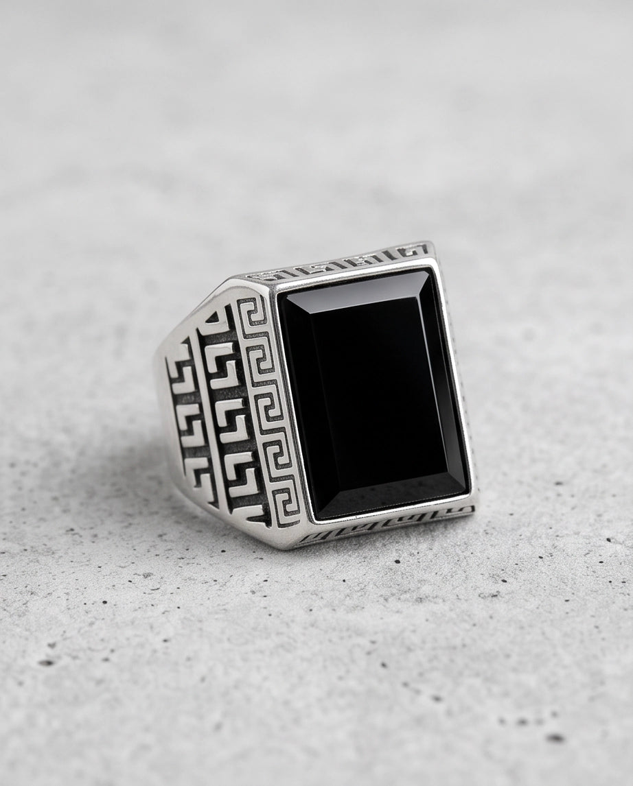 Black Onyx Emerald-Cut Gemstone Greek Key Silver Ring