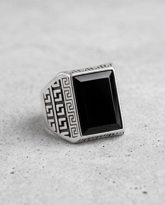 Black Onyx Emerald-Cut Gemstone Greek Key Silver Ring