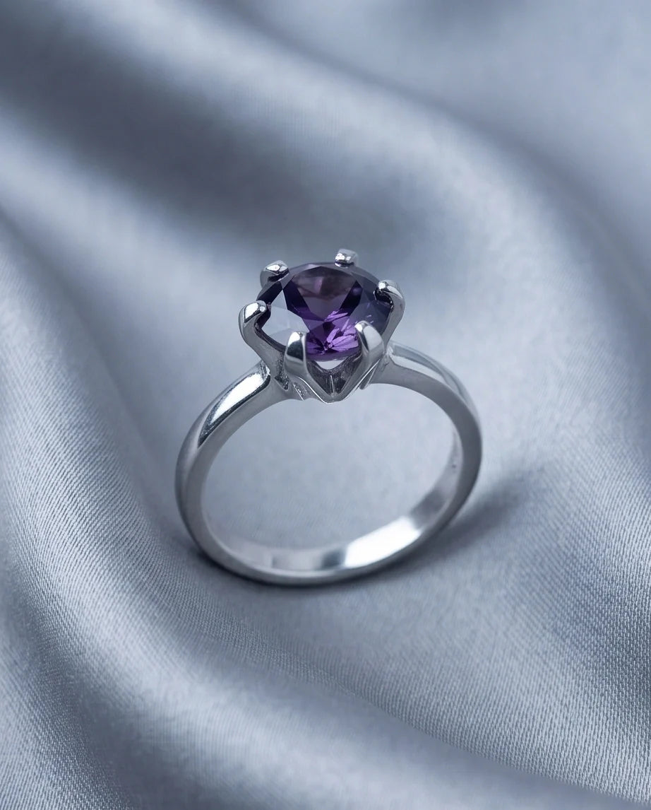 Sterling Silver Amethyst Purple Round Cut Solitaire Ring
