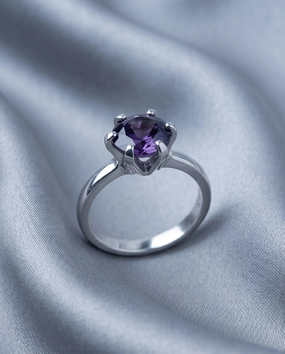 Sterling Silver Amethyst Purple Round Cut Solitaire Ring