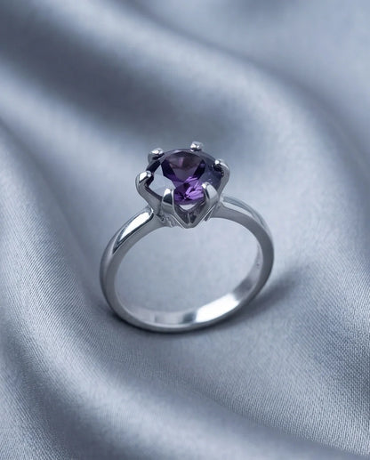 Sterling Silver Amethyst Purple Round Cut Solitaire Ring