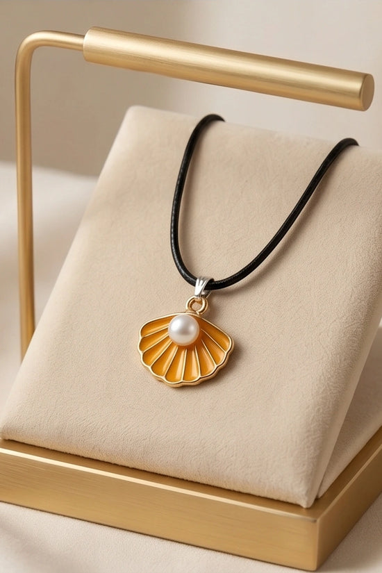 Golden Yellow Seashell Enamel Pendant Necklace with Faux Pearl