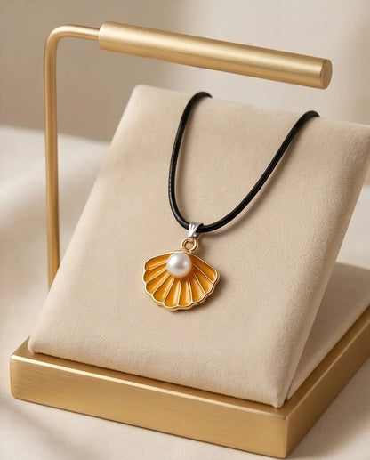 Golden Yellow Seashell Enamel Pendant Necklace with Faux Pearl