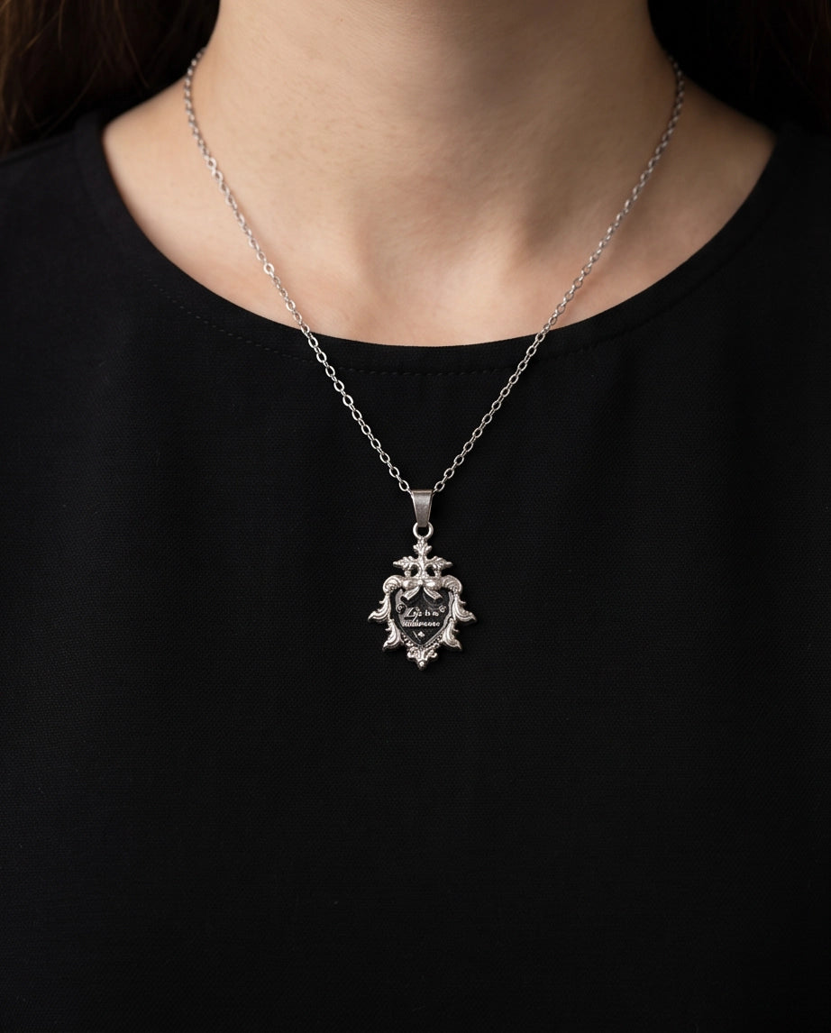 Silver Vintage Heart Engraved Black Enamel Pendant Necklace