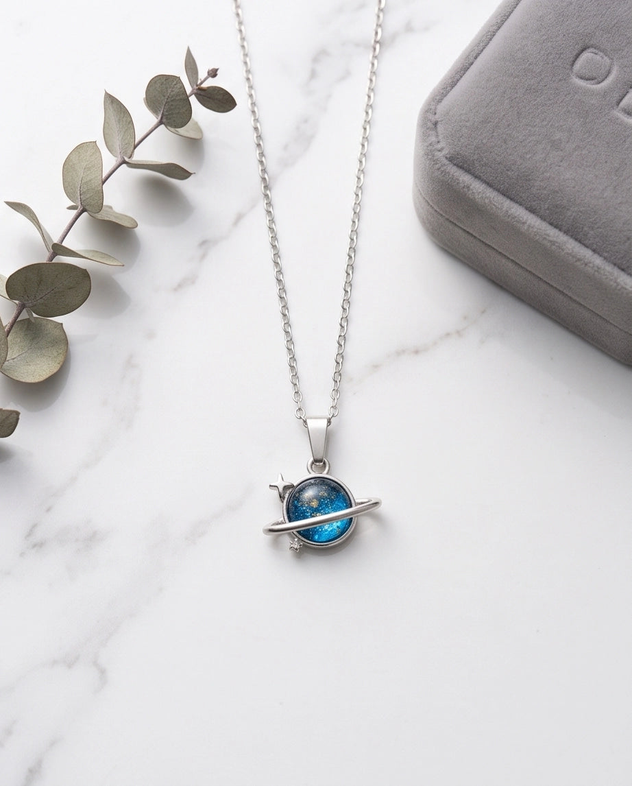 Silver Cosmic Saturn Galaxy Ring Pendant Necklace