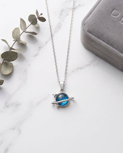 Silver Cosmic Saturn Galaxy Ring Pendant Necklace