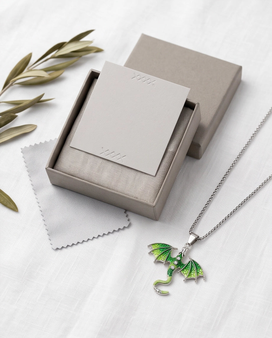 Silver Green Enamel Dragon Wyvern Pendant Necklace