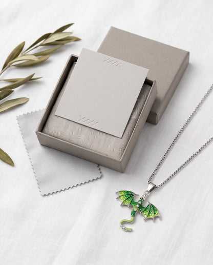 Silver Green Enamel Dragon Wyvern Pendant Necklace