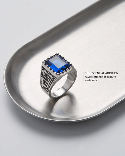 Sapphire Blue Emerald-Cut Gemstone Dot Matrix Architectural Silver Ring