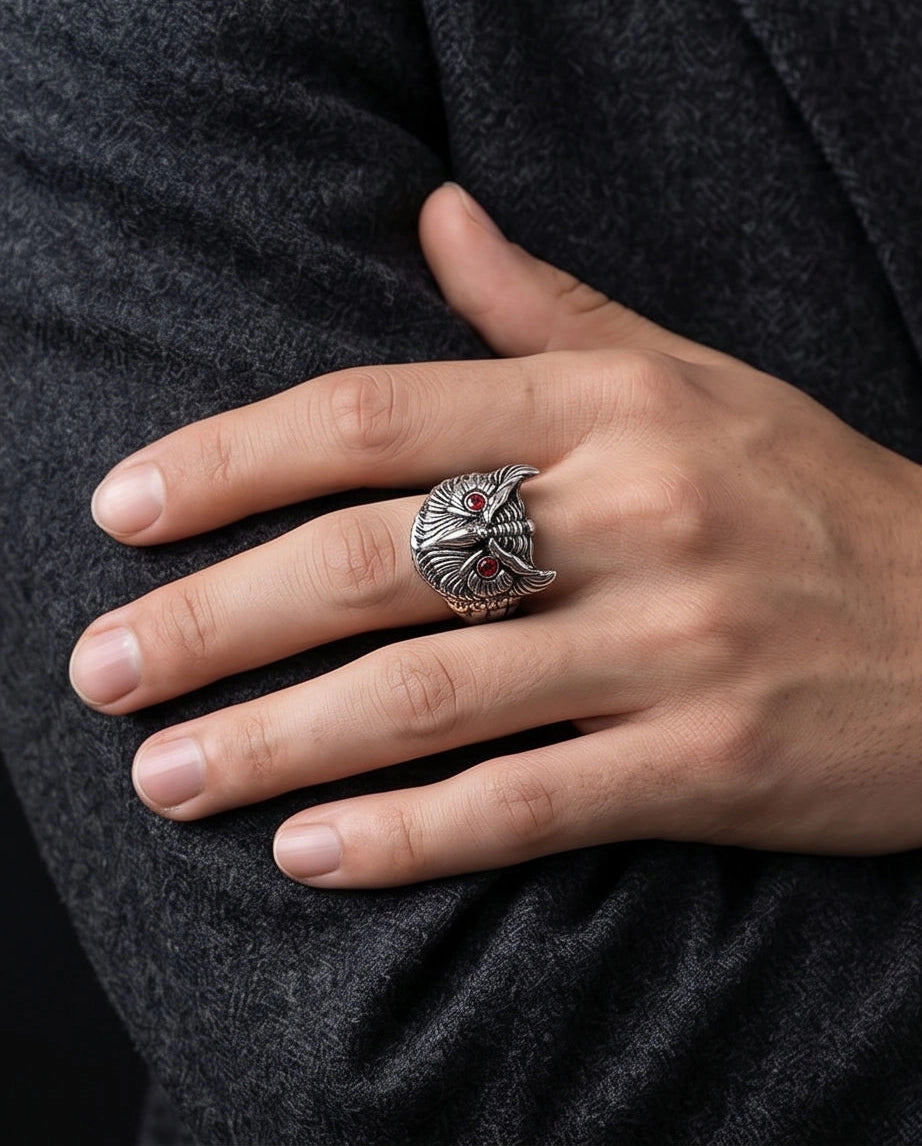 Red-Eyed Sculpted Owl Signet Ring