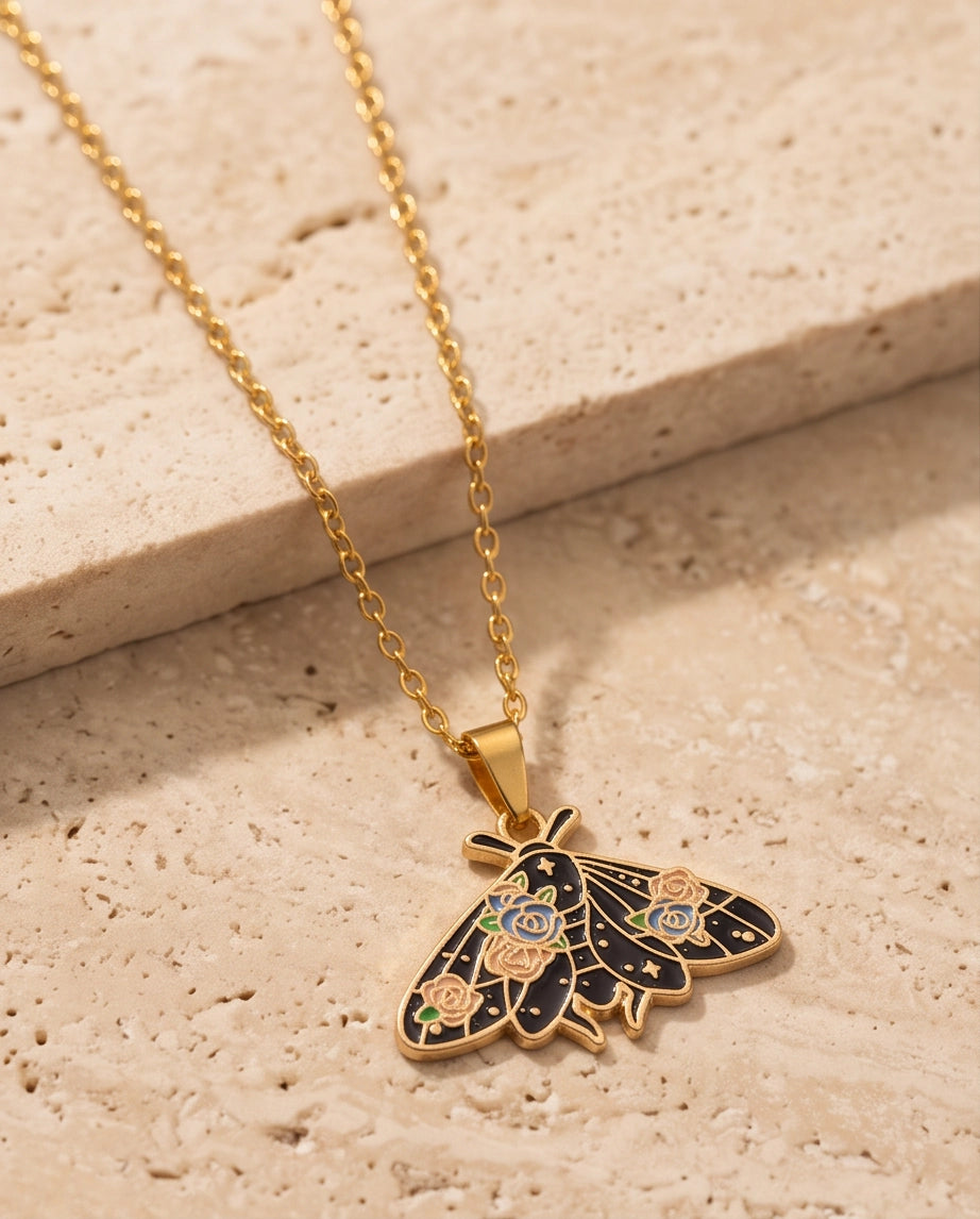 Gold Floral Moth Enamel Chain Necklace