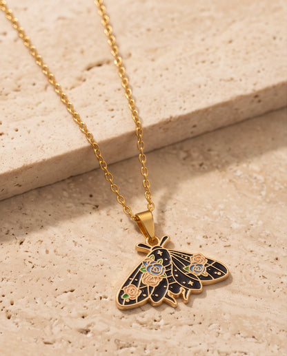 Gold Floral Moth Enamel Chain Necklace