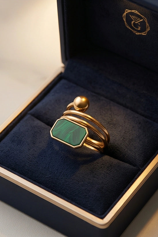 Golden Malachite Orbital Statement Ring