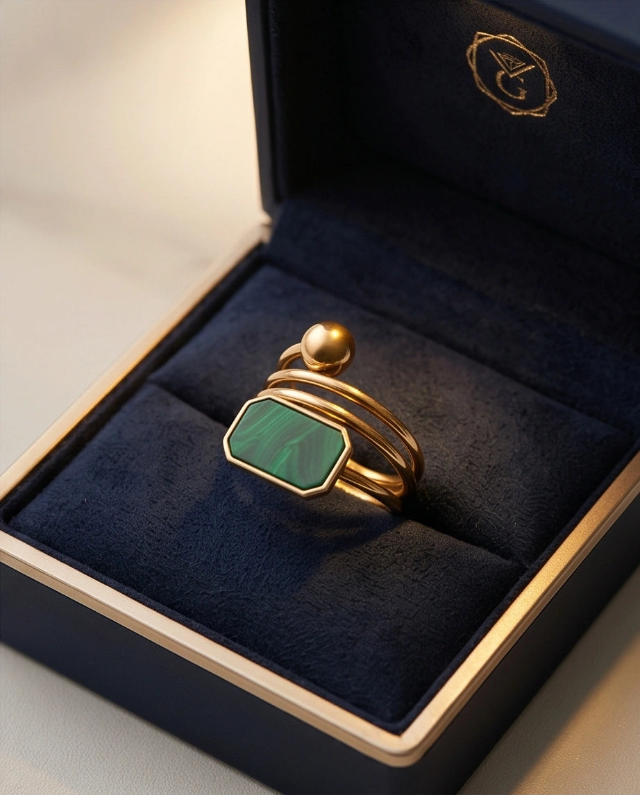 Golden Malachite Orbital Statement Ring